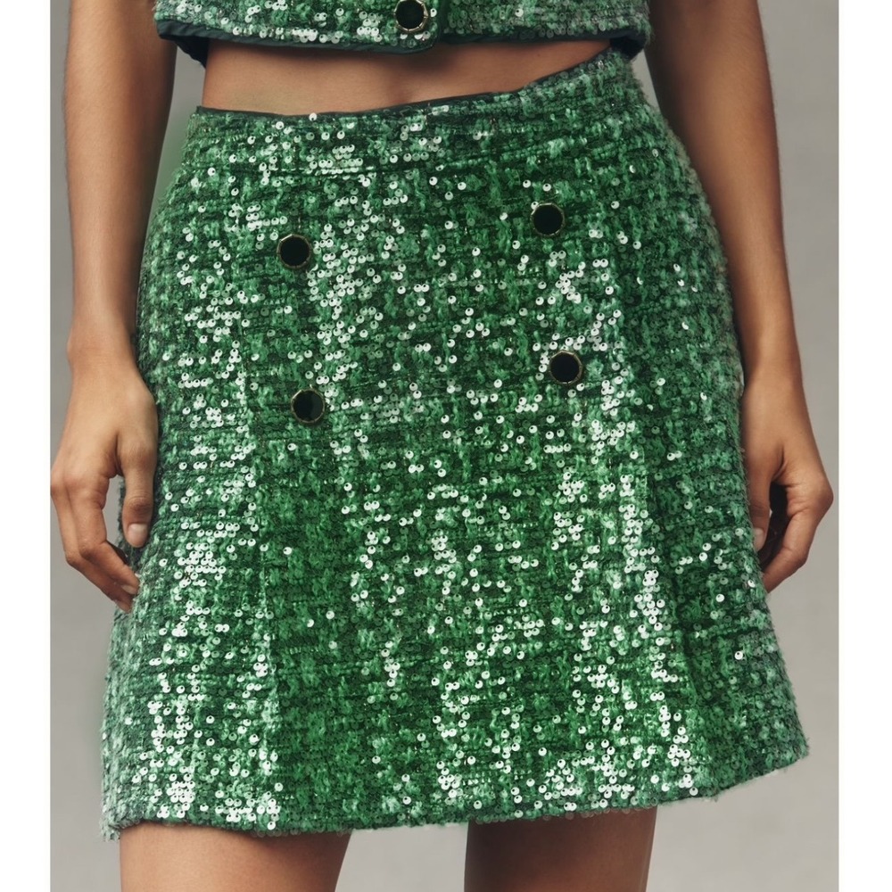 Maeve Green Sequin Schoolgirl Party Tweed Mini Skirt Womens Size XS NEW
